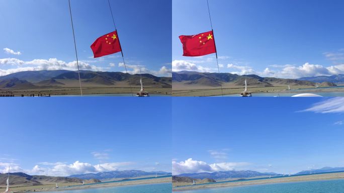 赛里木湖风中飘荡的红旗