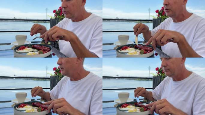 享受美味的早餐，在海滨餐厅用餐