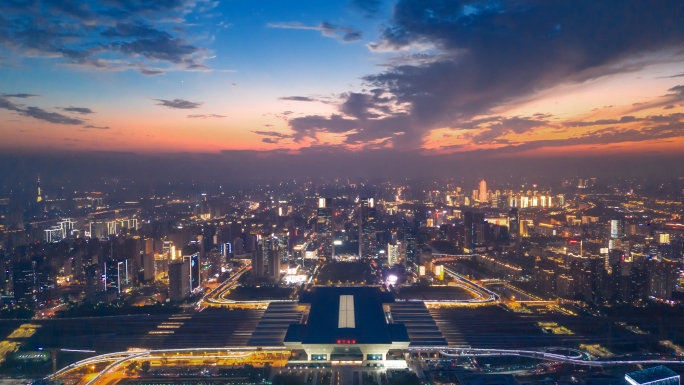 城市大景航拍夕阳晚霞郑州东站城市天际线