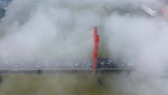 吉林市城市风光大雾松花江临江门大桥航拍