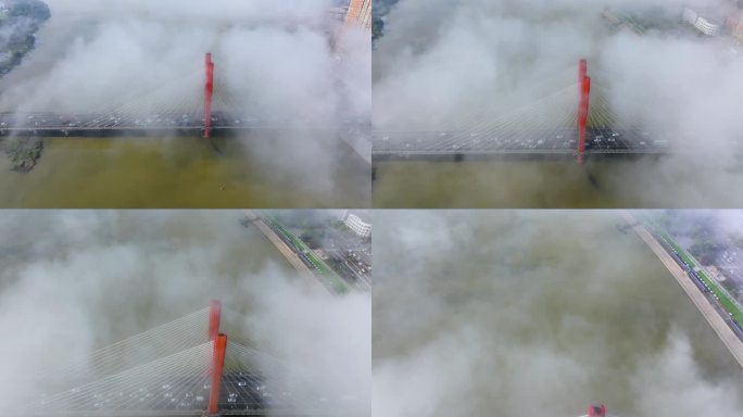 吉林市城市风光大雾松花江临江门大桥航拍