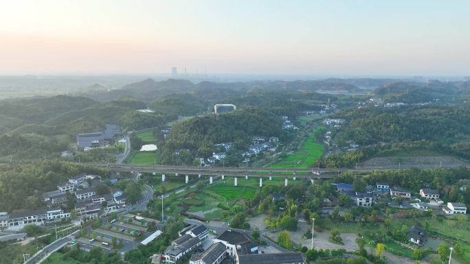 航拍清晨益阳市清溪村全景