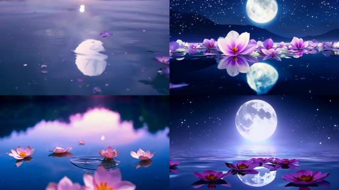 梦幻月夜星空花瓣水面倒影