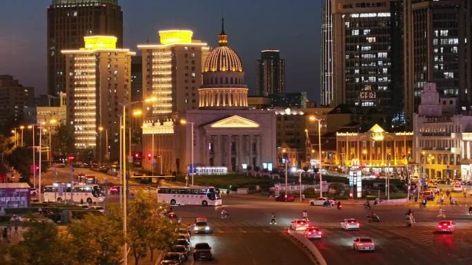 天津小白楼建筑夜景航拍