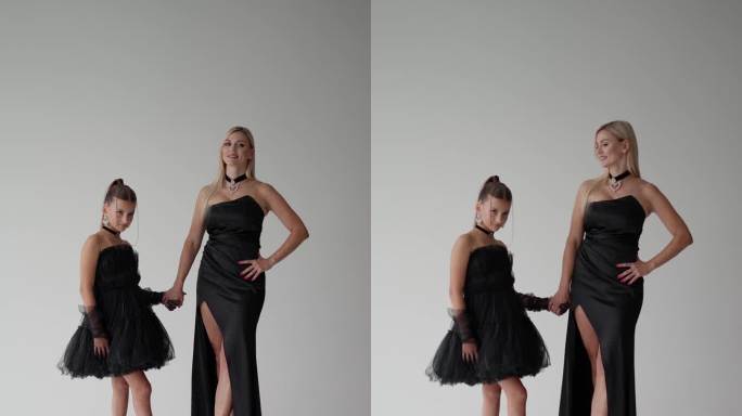 母女俩在照相馆。摄影工作室的摄影概念。