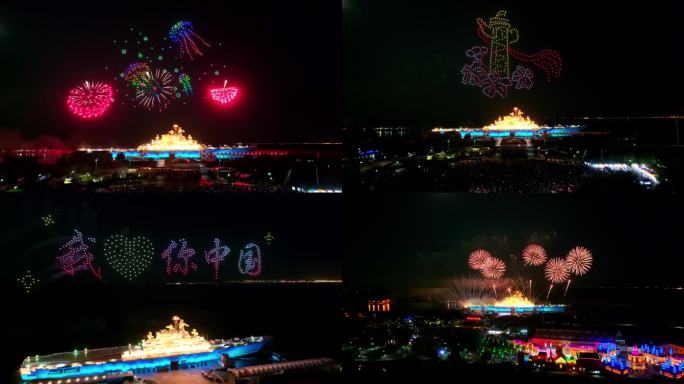 天津泰达航母主题公园烟花秀无人机表演