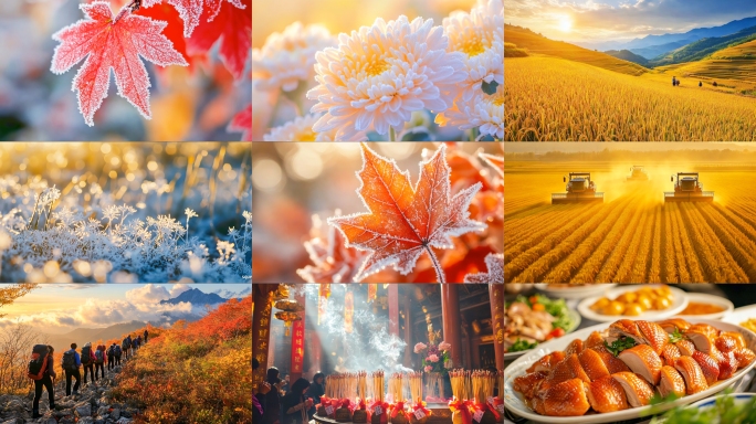 霜降节气枫叶红叶结霜秋风落叶秋景秋天丰收