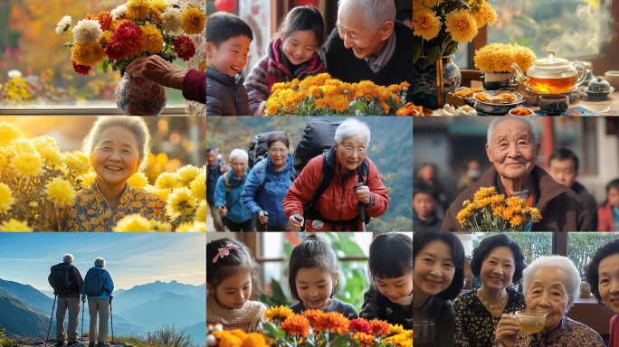 重阳节老人登山 关爱老人 赏菊 金秋