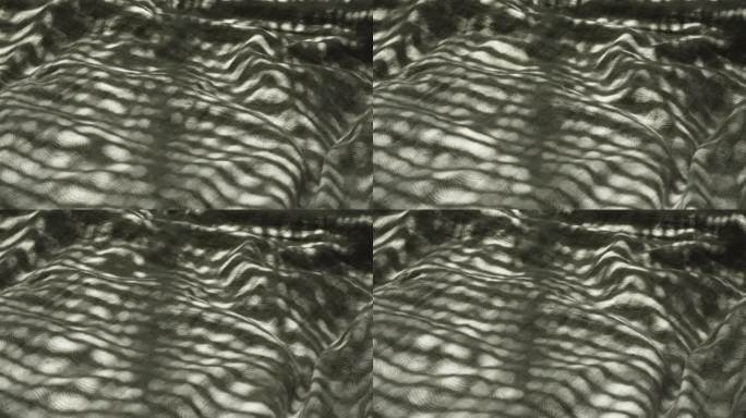 透过百叶窗的阳光和风吹在床上，特写。