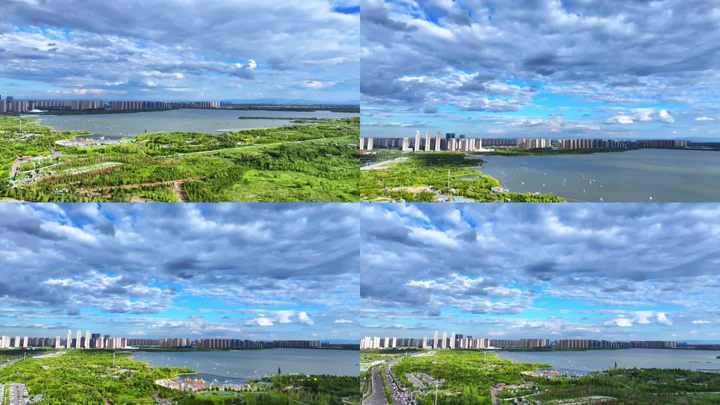 航拍太原晋阳湖2024年秋天蓝天白云优