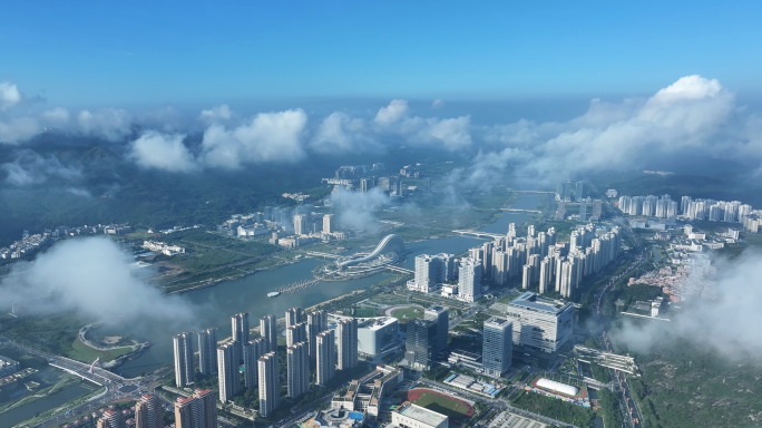 航拍珠海横琴天沐河天沐琴台景观