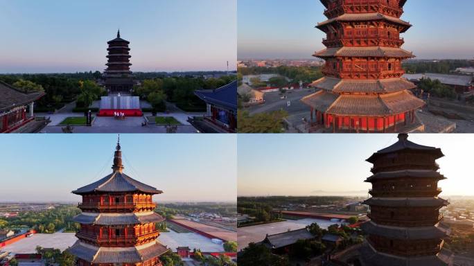 山西宣传片古建筑应县木塔日出晨雾航拍合集
