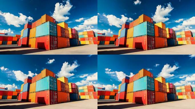 码头堆积的集装箱蓝天白云