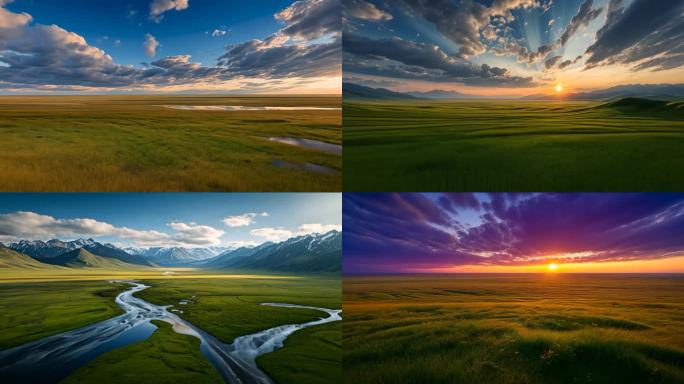 草原航拍草原风光河流湿地草原日出