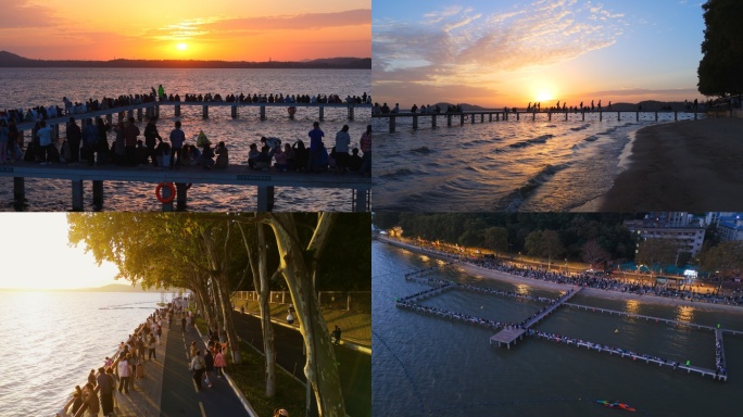 武汉东湖凌波门日出游客旅游航拍