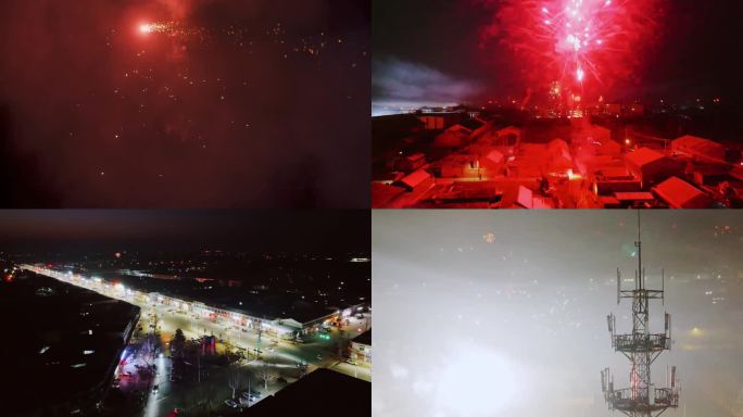 乡村小镇春节放烟花航拍