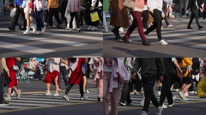城市街道路口斑马线人群脚步慢动作