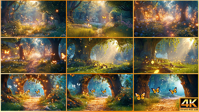 魔幻森林背景片头 夕阳光线温暖魔法小树林
