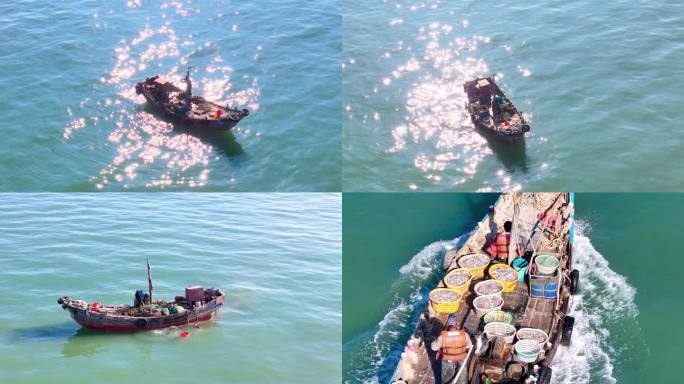 打渔渔船出海渔民劳动浮光跃金波光粼粼海面