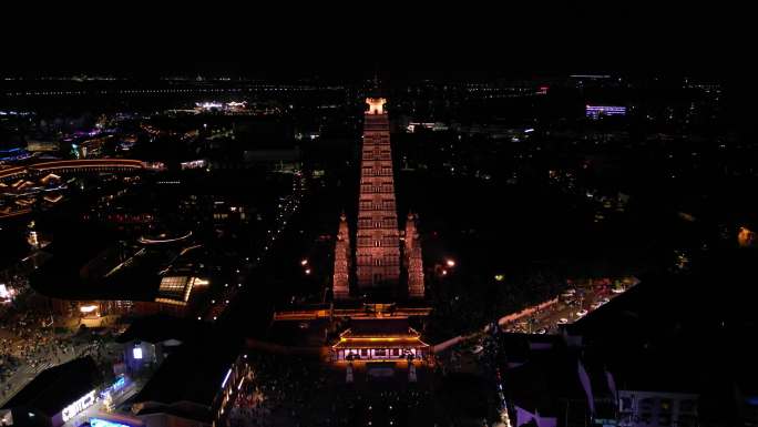 成都彭州市龙兴禅院百里一龙兴集夜景航拍