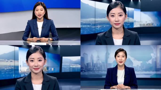 新闻主播台上的年轻女主播面对镜头播报