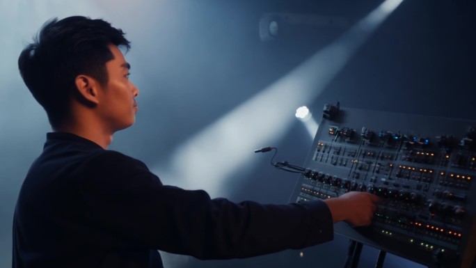 剧院后台的年轻男灯光师调试灯光效果