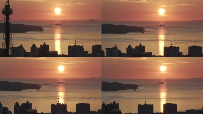 航拍威海市环翠区刘公岛电视塔城市日出晨光