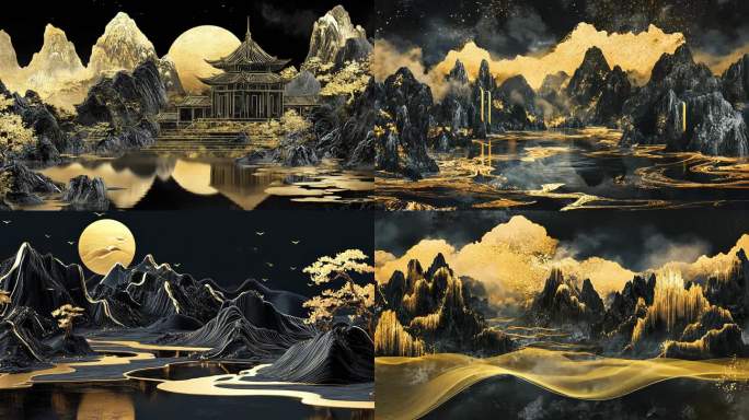中式黑金山水 鎏金山水