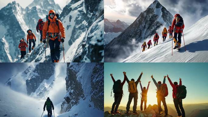 团队徒步励志攀登雪山奋斗登顶登山勇攀高峰