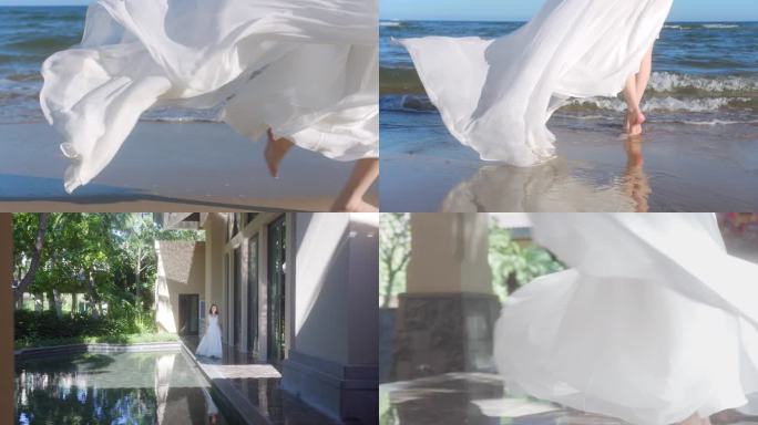 4k沙滩椰林草坪大海白裙子女孩