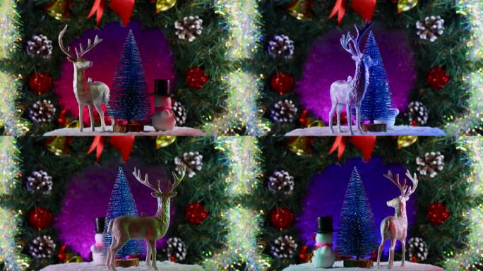 圣诞驯鹿、雪人和冷杉树在圣诞花环的背景上旋转