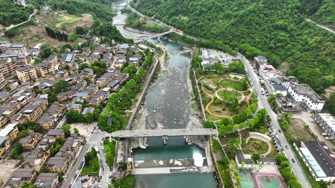 航拍四川成都阿坝州汶川县水磨古镇全景风光