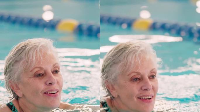 健身，老年妇女和游泳池游泳，有氧运动，水疗和退休健康。成熟的人，呼吸和游泳者在水中进行康复，物理治疗