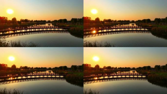 石家庄滹沱河观鸟台秋天夕阳航拍