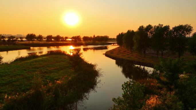 石家庄滹沱河观鸟台秋天夕阳航拍