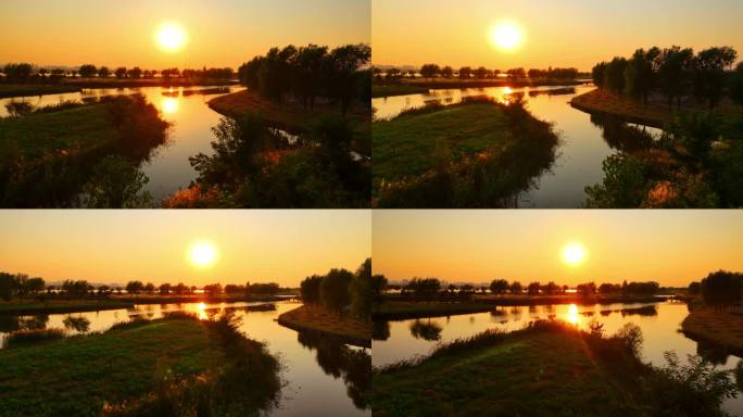 石家庄滹沱河观鸟台秋天夕阳航拍
