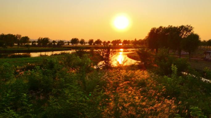 石家庄滹沱河观鸟台秋天夕阳航拍