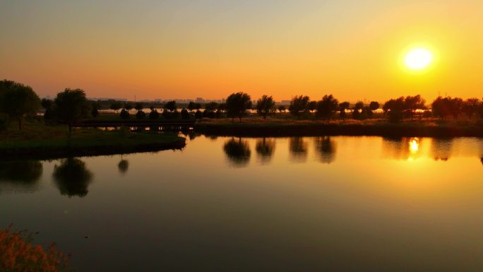 石家庄滹沱河观鸟台秋天夕阳航拍