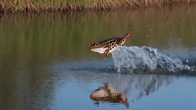 湖中青蛙的跳跃瞬间