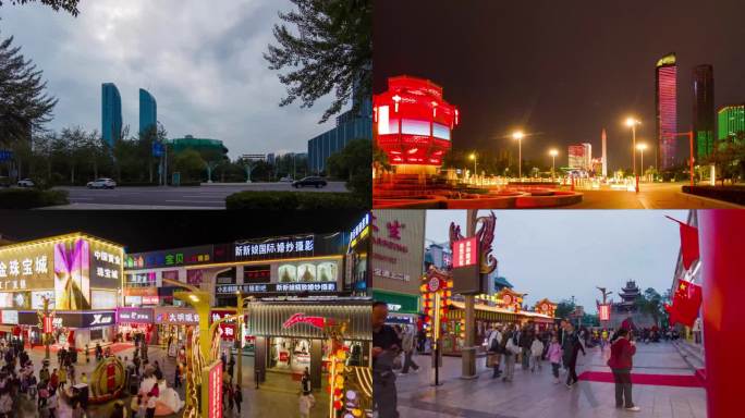 银川阅海双子塔夜景乌云鼓楼步行街延时