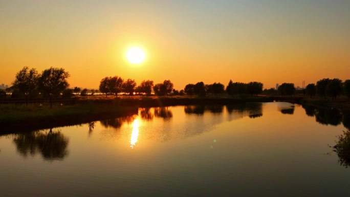 石家庄滹沱河观鸟台秋天夕阳航拍