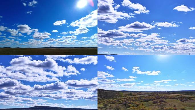 延时日光下大草原上的蓝天白云