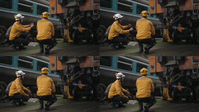 蓝领工人正在火车站工作。