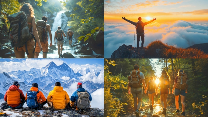 徒步爬山登山团队攀登奋斗节户外登高登顶