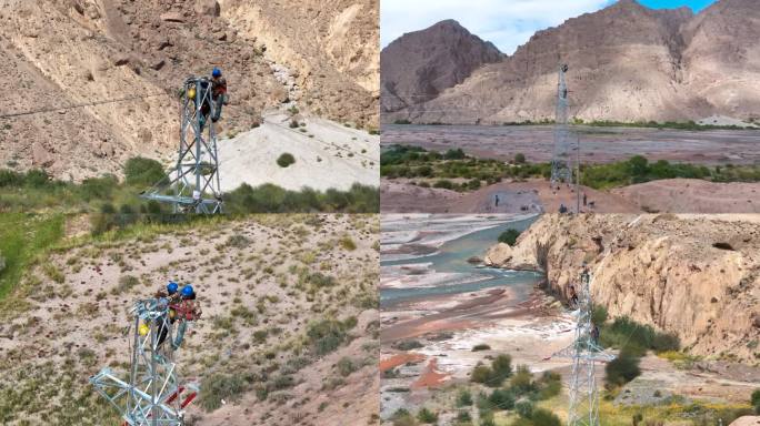 电力工人在高原隔壁艰苦环境高空工作作业