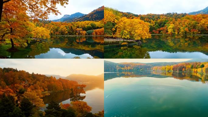 韩国南怡岛秋日黄叶与静谧湖水交织的画面