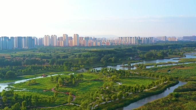 航拍山西长治漳河湿地公园