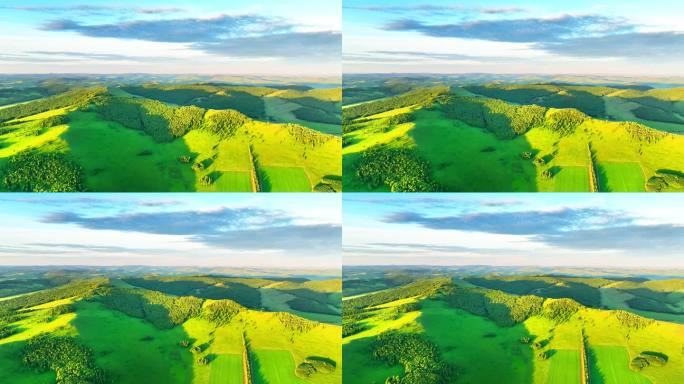 航拍清晨的丘陵山地农田风光