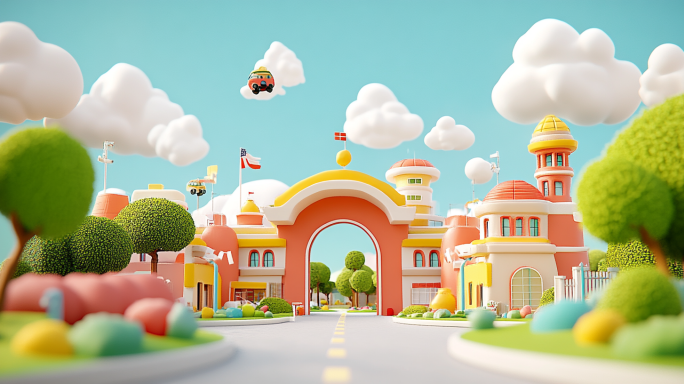 卡通小镇 行驶在路上 可爱建筑 学校