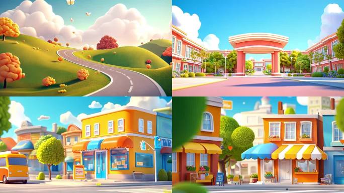 卡通小镇 行驶在路上 可爱建筑 学校